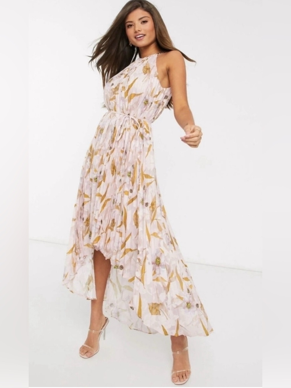 Ted Baker Pleated High-Low Floral Halterneck Dress in Pink Blush and Tan Gold